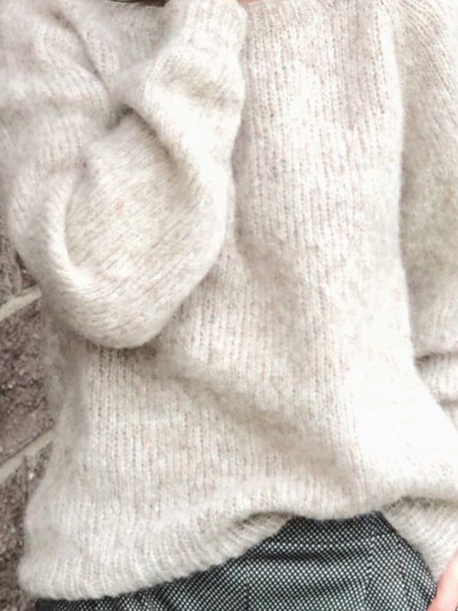 Beige Long Sleeve Casual Cotton Solid Sweater