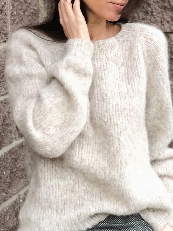Beige Long Sleeve Casual Cotton Solid Sweater