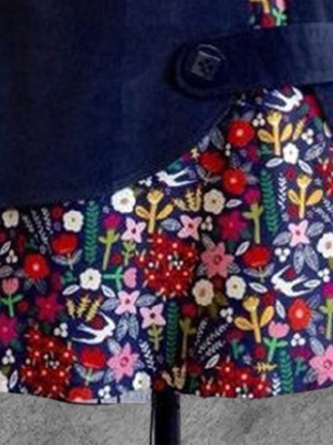 Dark Blue Printed Floral A-Line Vintage Casual Skirt