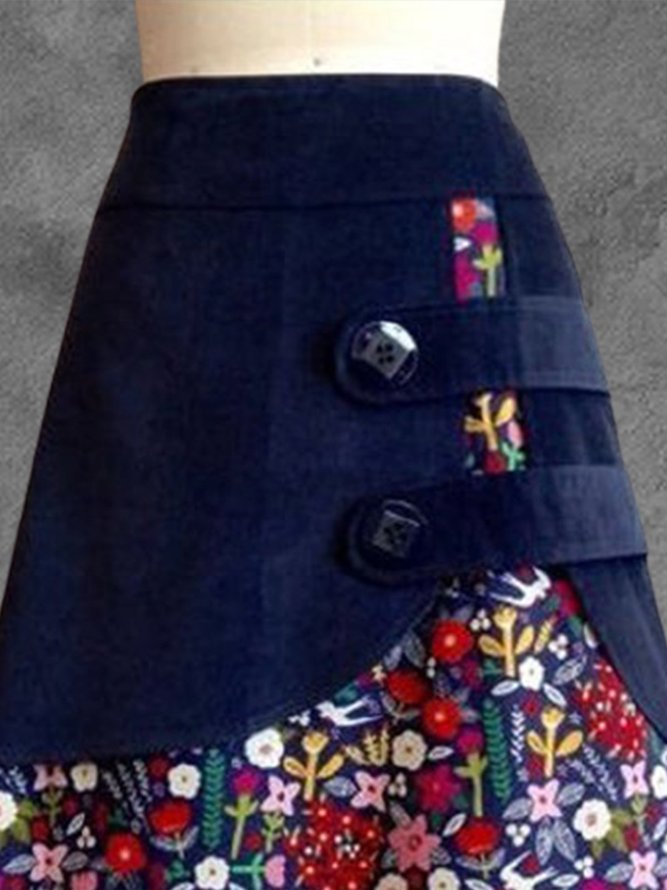 Dark Blue Printed Floral A-Line Vintage Casual Skirt