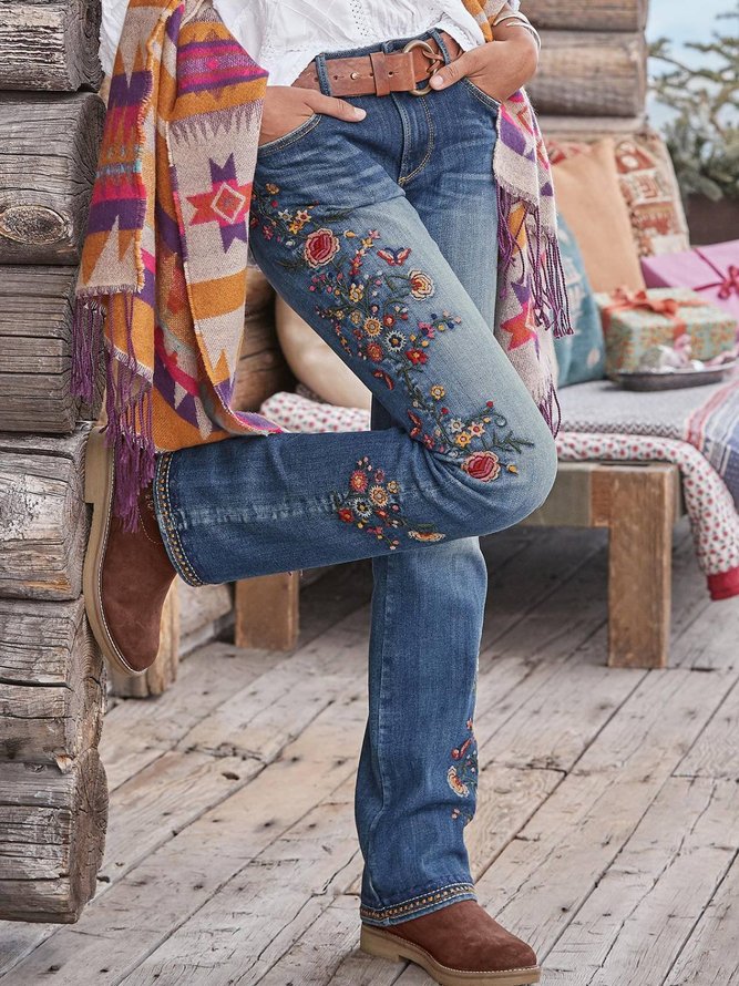 Women Casual Blue Washed Floral Denim Jeans