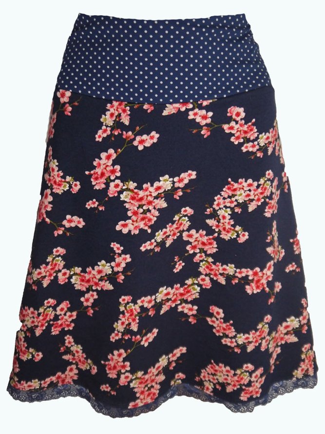 Dark Blue Printed Vintage Casual A-line Skirt