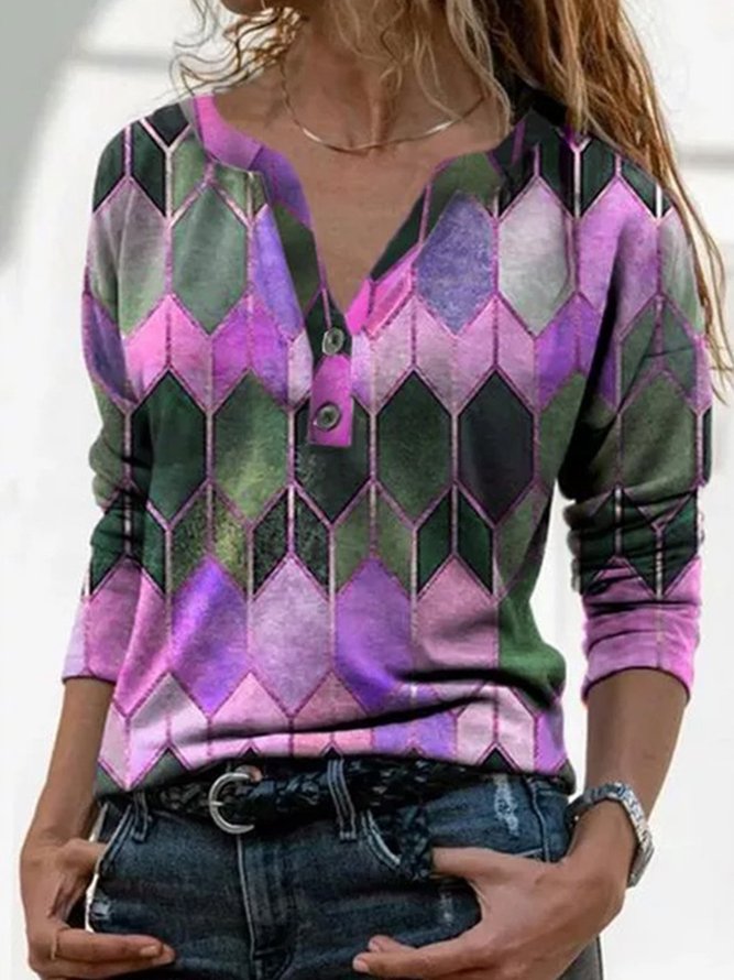 Women Casual Geometric Color Block Long Sleeve Shirt