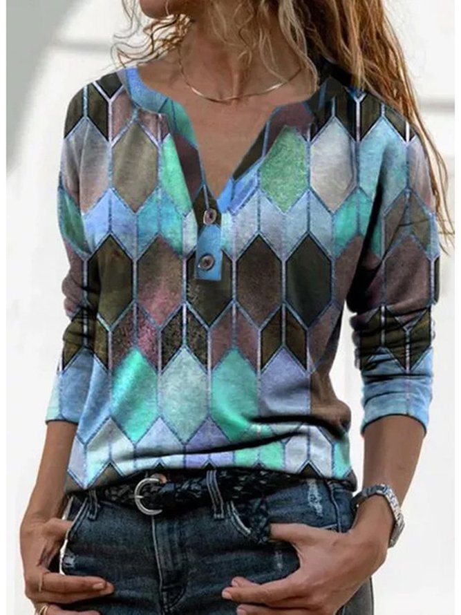 Women Casual Geometric Color Block Long Sleeve Shirt