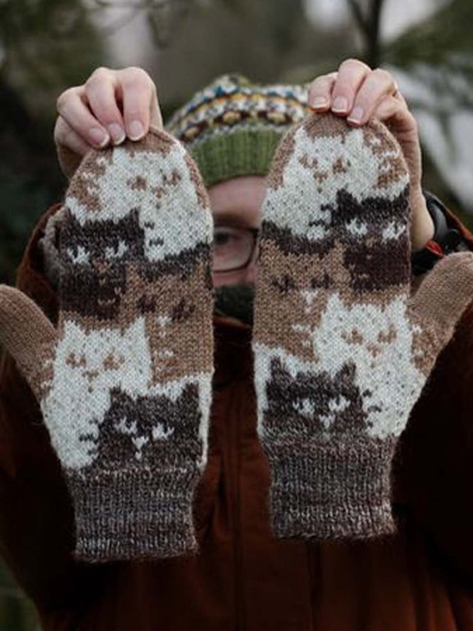 Polyester Printed Vintage Winter Cat Gloves