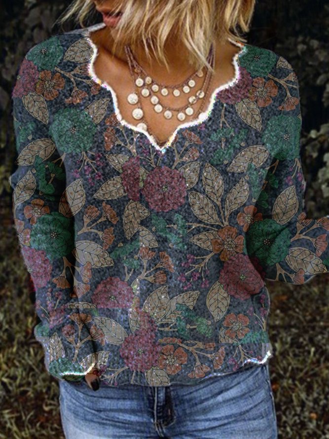 Printed Floral V Neck Long Sleeve Tops