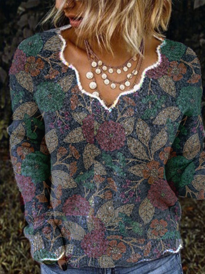 Printed Floral V Neck Long Sleeve Tops