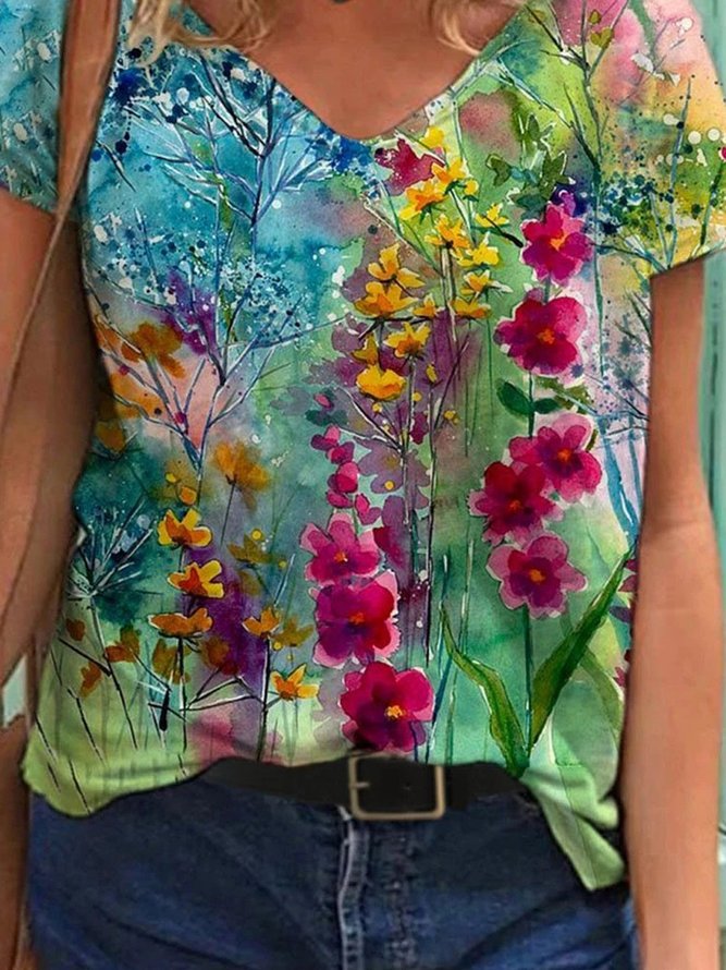 Women Casual Shift Colorful Flower Painting V neck T-shirt