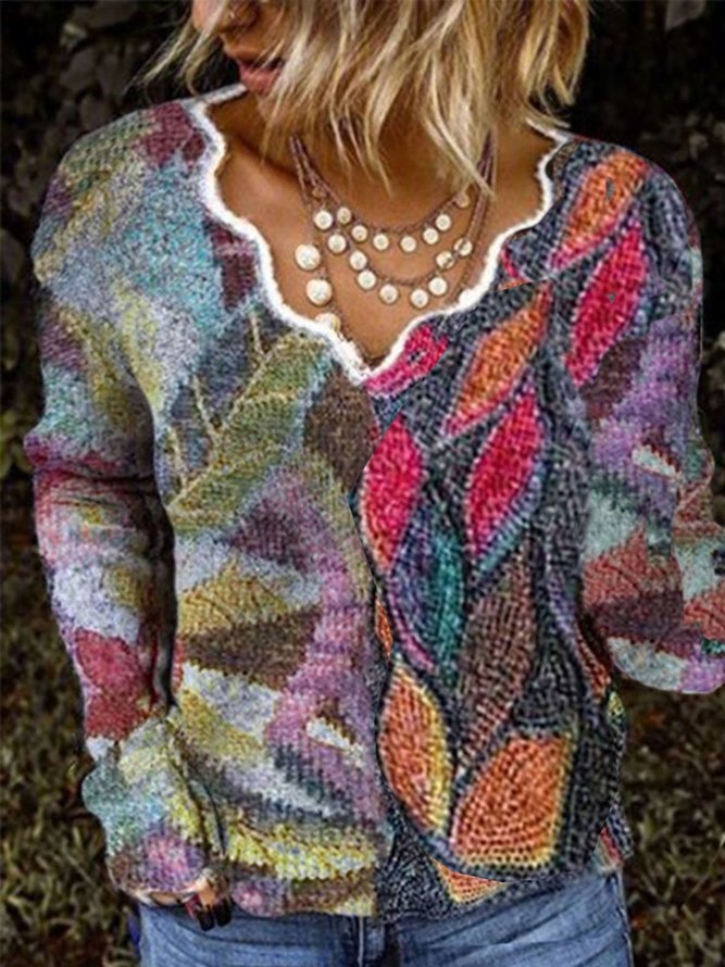 Women Printed Floral V Neck Long Sleeve Tops