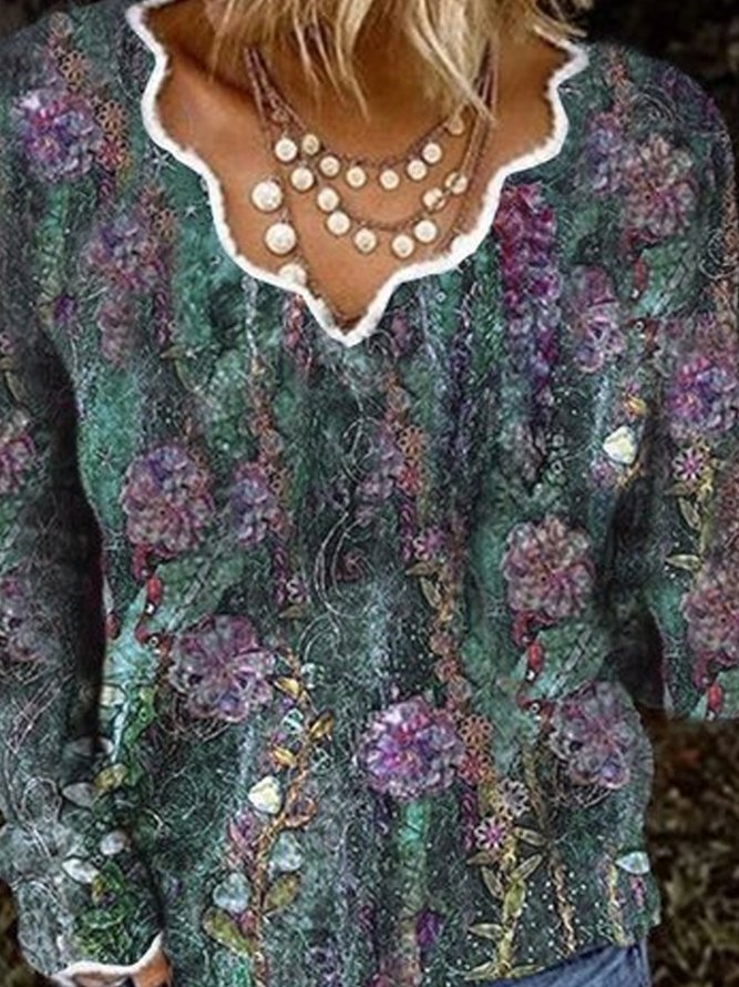 Casual Floral Cotton Blend Long Sleeve Vintage Sweater