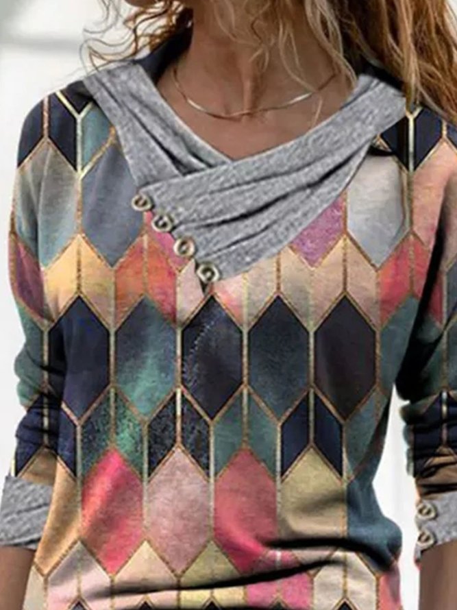 Women Casual Geometric Color Block V-Neck Long Sleeve Top