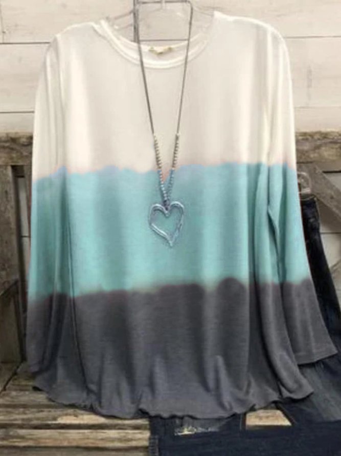 Multicolor Color-Block Long Sleeve Crew Neck Casual T-shirt