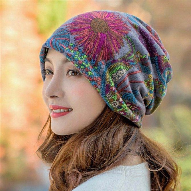 Women Vintage Multicolor Geometric Floral Printed Casual Knitted Hat