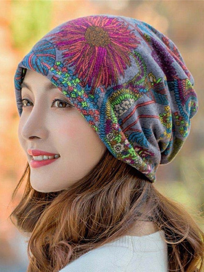 Women Vintage Multicolor Geometric Floral Printed Casual Knitted Hat