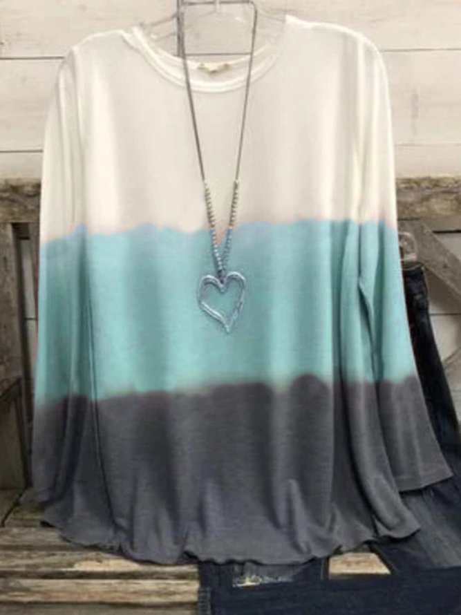 Multicolor Color-Block Long Sleeve Crew Neck Casual T-shirt
