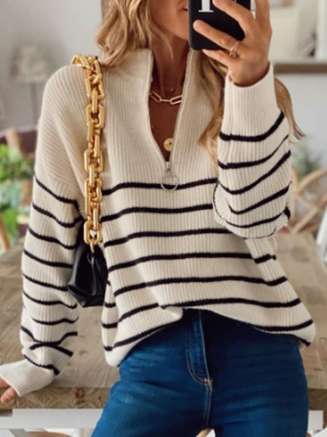 V Neck Zipper Long Sleeve Stripes Sweater