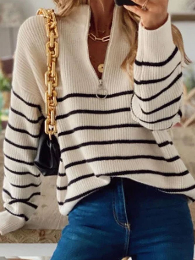 V Neck Zipper Long Sleeve Stripes Sweater