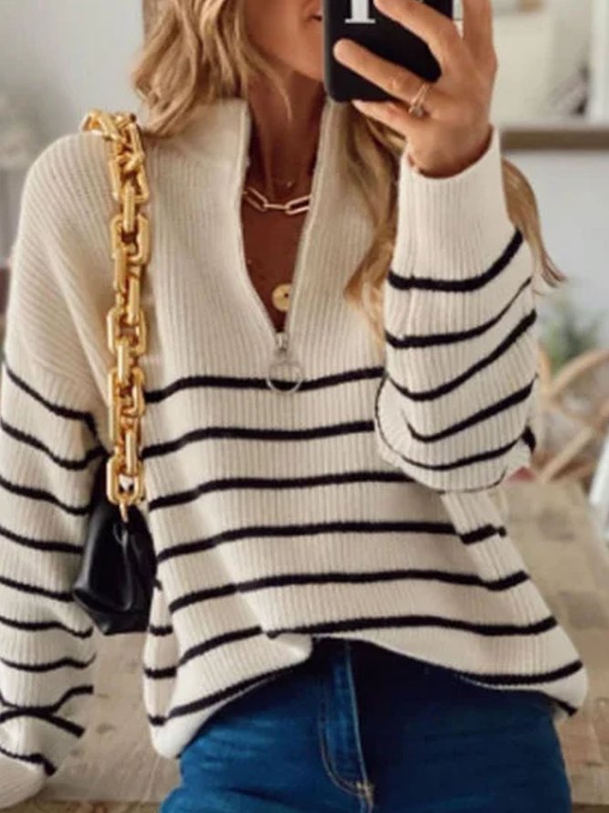 V Neck Zipper Long Sleeve Stripes Sweater