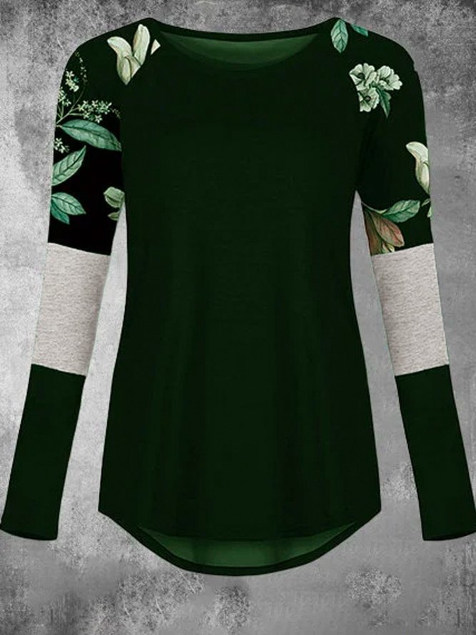 Floral-Print Long Sleeve Crew Neck Casual Top