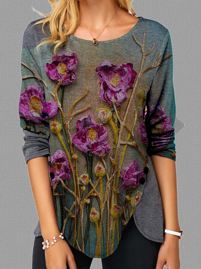 Casual Long Sleeve Round Neck Plus Size Printed Tops