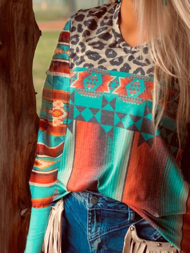 Geometric Casual Long Sleeve Shift Top