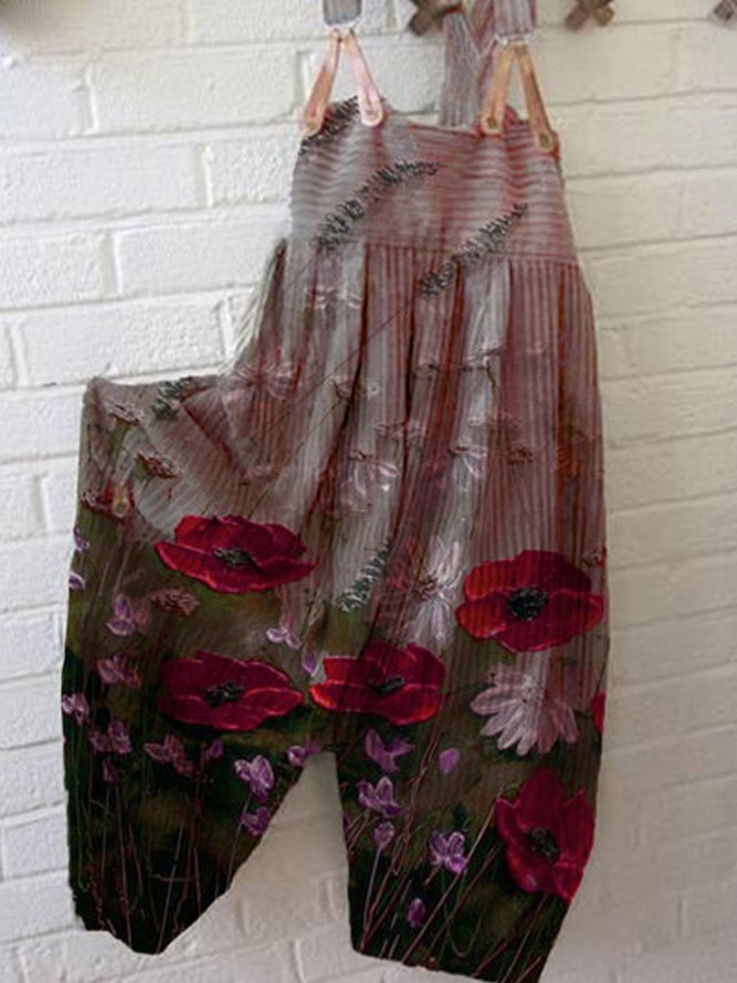 Cotton-Blend Crew Neck Boho Floral Jumpsuit & Romper