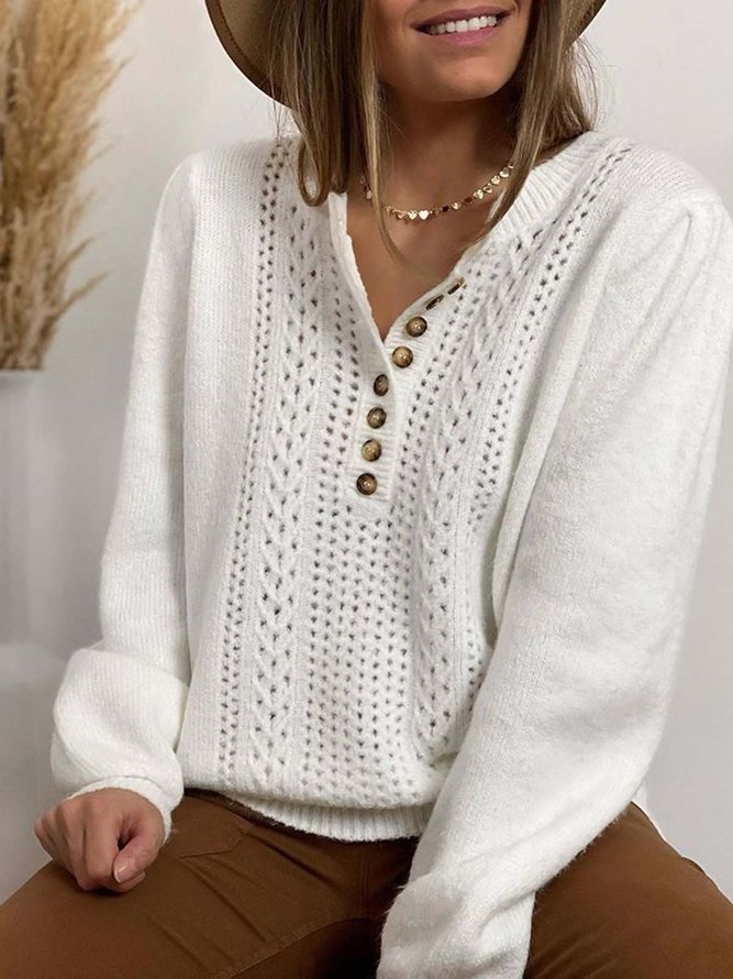 Long Sleeve  Cotton-blend  Crew Neck Casual  Winter  White Knit