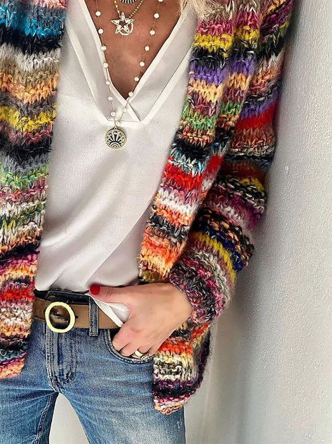 Womens Cardigan Color Block Striped Long Sleeve Open Front Casual Knit Sweater Holiday Coat Outwear