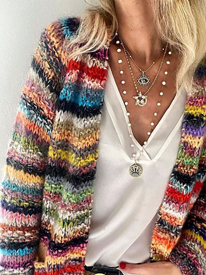 Womens Cardigan Color Block Striped Long Sleeve Open Front Casual Knit Sweater Holiday Coat Outwear