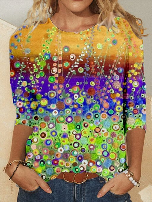Women Casual Multicolor Graffiti Printed Crew Neck Shirt