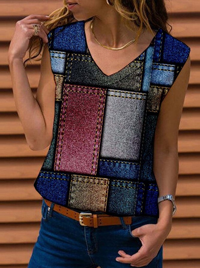 Geometric  Sleeveless  Printed  Cotton-blend  V neck  Vintage  Summer  Multicolor Top