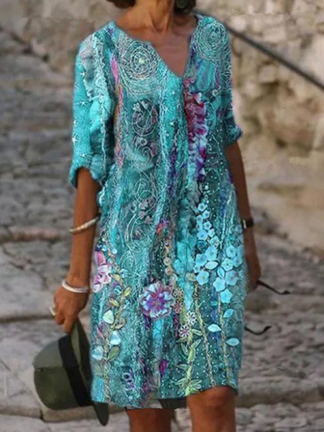 Women Vintage Floral Printed Half Sleeve V Neck Casual Summer Dresses