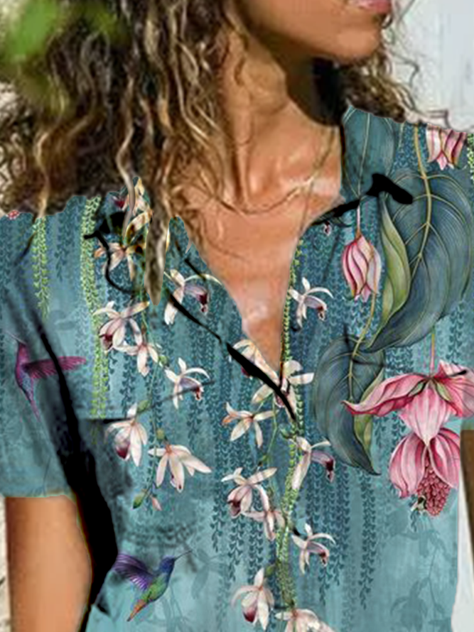 Floral Shirt Collar Vintage Short Sleeve Blouse