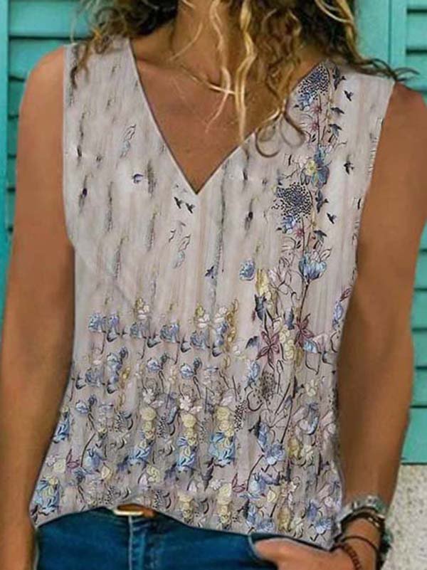 Floral-print Sleeveless V Neck Shirt & Top