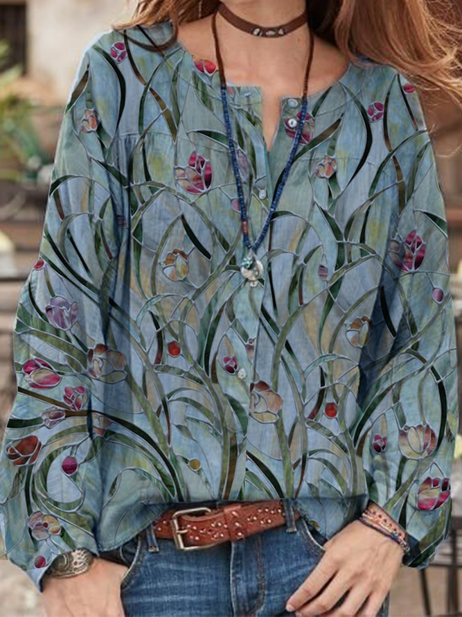 Cotton Holiday Floral-Print Blouse