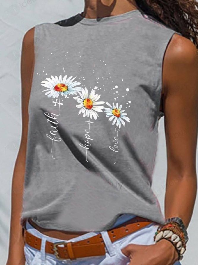 Floral-Print Casual Sleeveless Floral T-shirt
