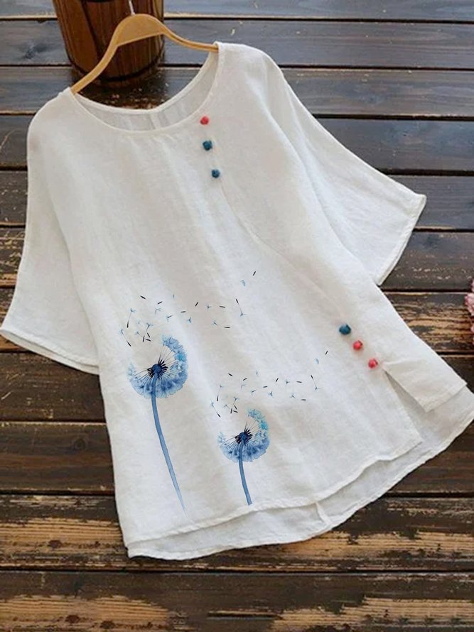 Summer casual retro ink painting dandelion short-sleeved top