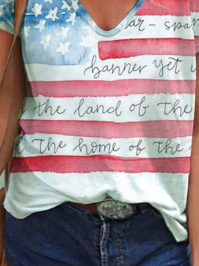Flag Short Sleeve Printed Cotton-blend  V neck  Holiday Summer  Multicolor Top