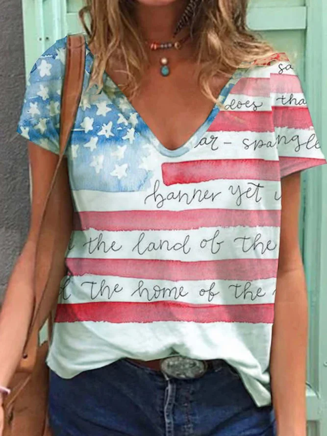 Flag Short Sleeve Printed Cotton-blend  V neck  Holiday Summer  Multicolor Top