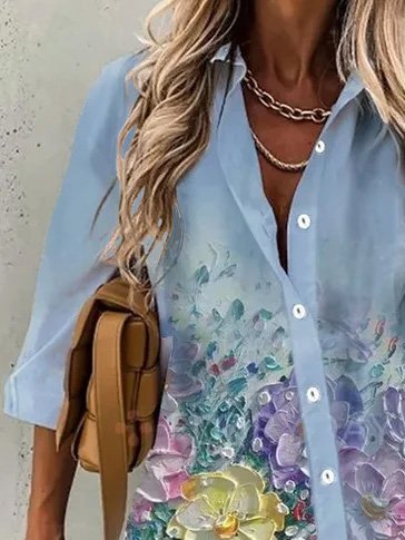 Shirt Collar Shift Cotton Long Sleeve Blouse