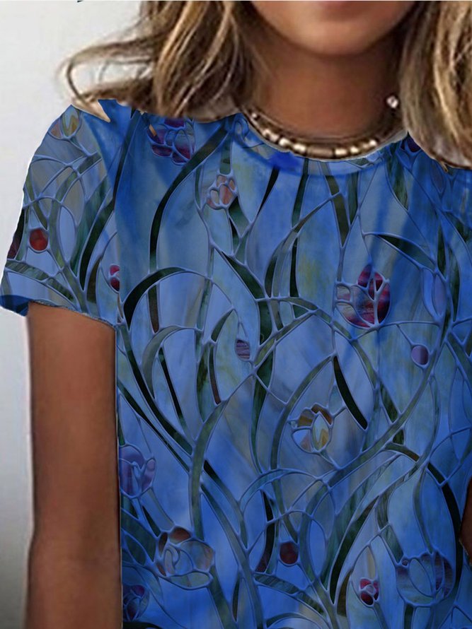 Women Casual Floral Plant Round Neck Short Sleeve T-shirt