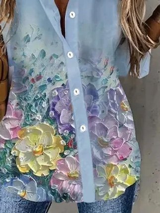 Shirt Collar Shift Cotton Long Sleeve Blouse
