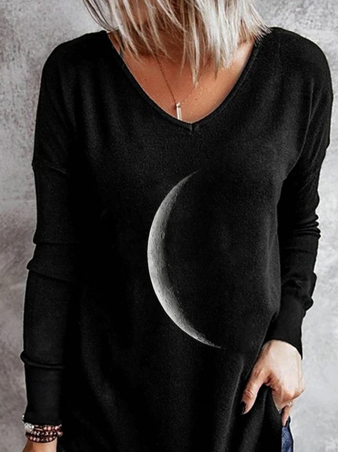 Black Moon Printed V Neck Casual Long Sleeve Shift Tops
