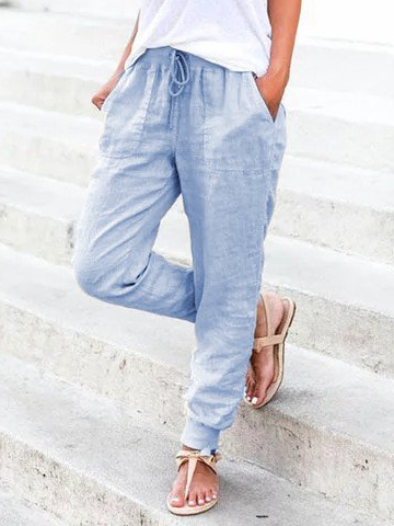 zolucky Solid Drawstring Casual Linen Pants Women Trousers