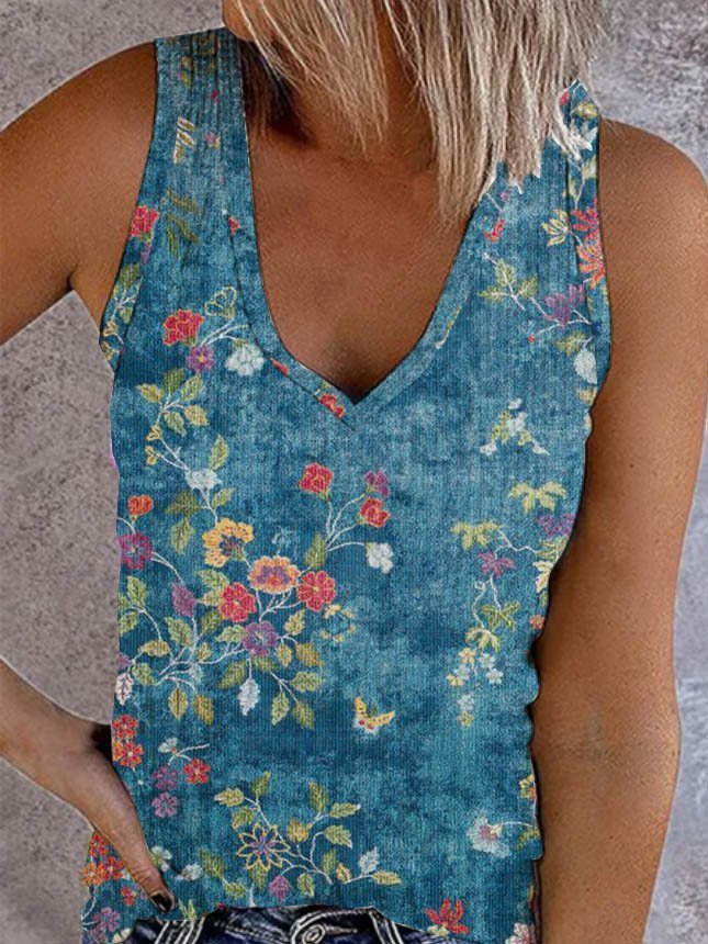 Boho V Neck Paisley Cotton-Blend Tank & Cami