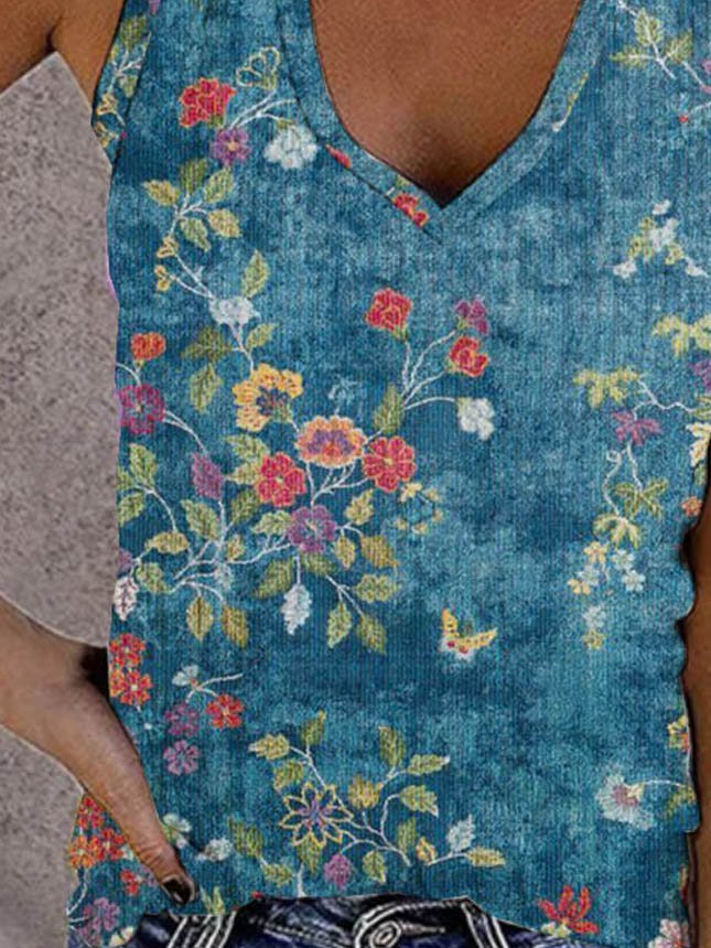 Boho V Neck Paisley Cotton-Blend Tank & Cami