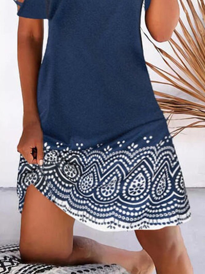 Women Casual Short Sleeve Geometric Printed Mini Weaving Dress