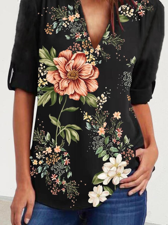 Black Floral Printed Casual Holiday V Neck Long Sleeve Shift Tops
