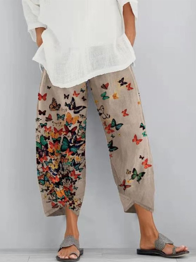 Vintage Floral Printed Pockets Plus Size Casual Pants