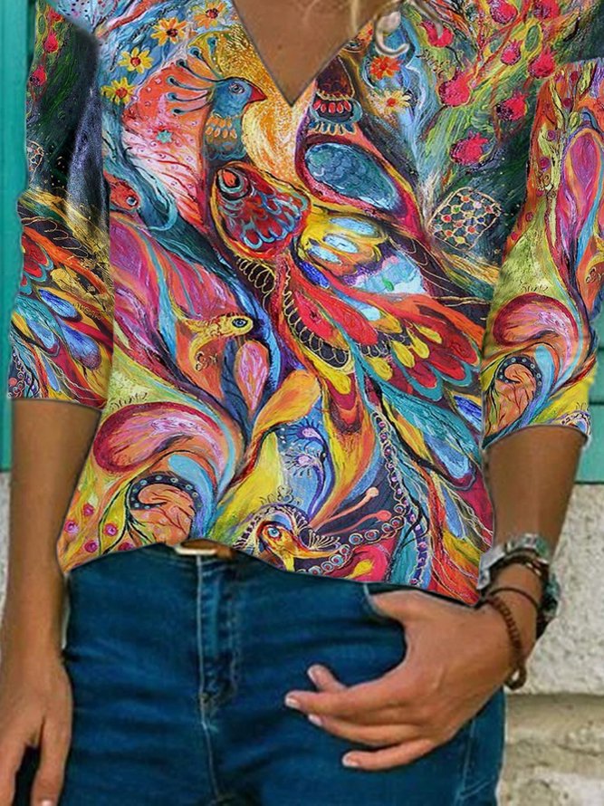 Multicolor V Neck Printed Long Sleeve Casual Shift Top